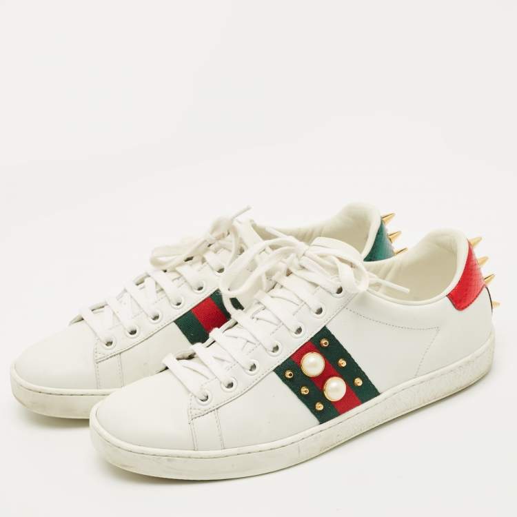 Pre Owned Gucci White Leather and Python Embossed Pearl Studded Ace Sneakers Size 38
