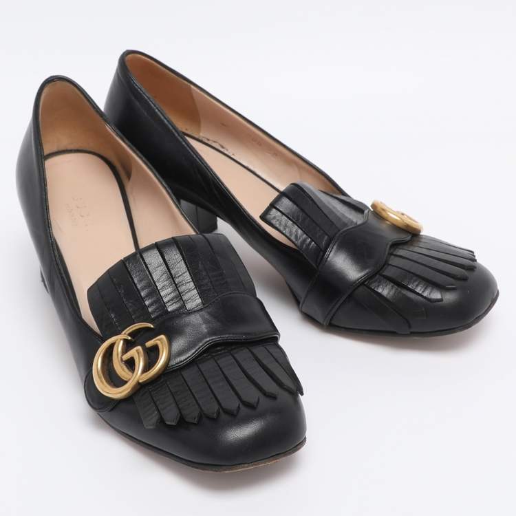 Pre Owned Gucci Black Leather Marmont GG Fringe Detail Block Heel Pumps Size 38