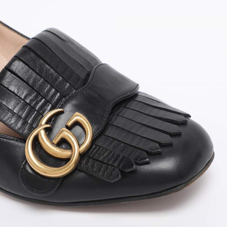 Pre Owned Gucci Black Leather Marmont GG Fringe Detail Block Heel Pumps Size 38