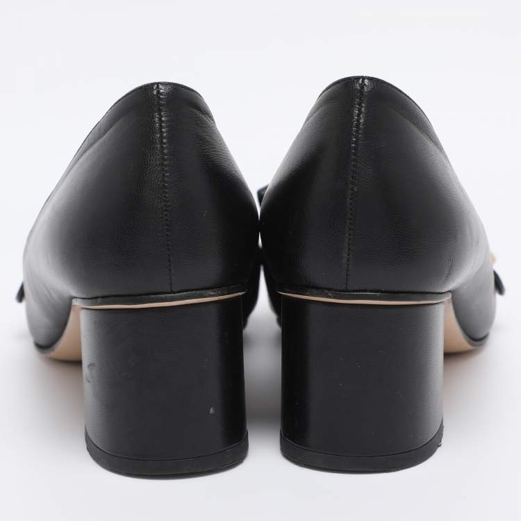 Pre Owned Gucci Black Leather Marmont GG Fringe Detail Block Heel Pumps Size 38
