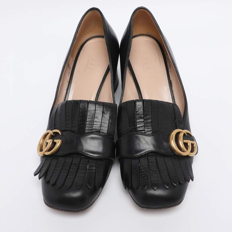 Pre Owned Gucci Black Leather Marmont GG Fringe Detail Block Heel Pumps Size 38