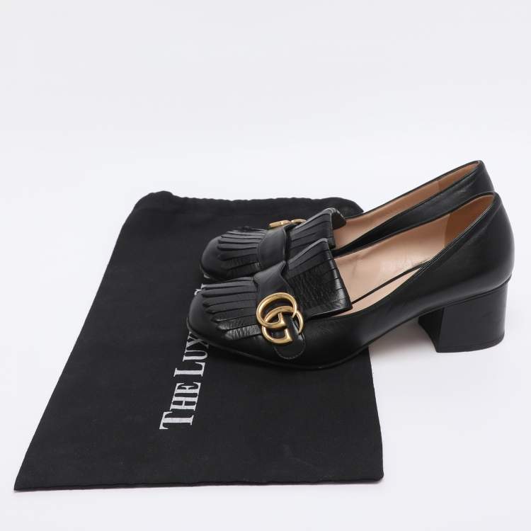 Pre Owned Gucci Black Leather Marmont GG Fringe Detail Block Heel Pumps Size 38