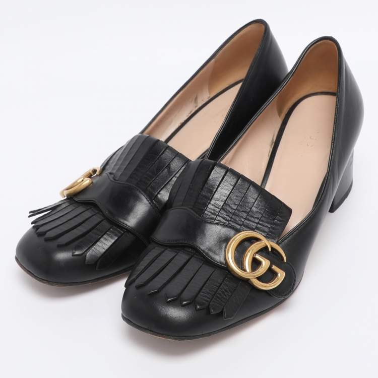 Pre Owned Gucci Black Leather Marmont GG Fringe Detail Block Heel Pumps Size 38