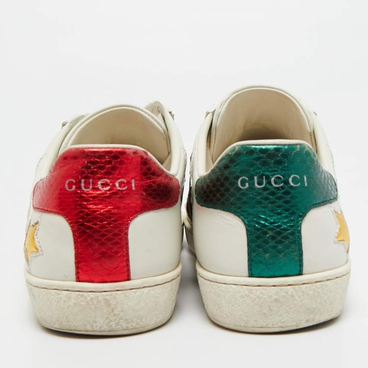 Pre Owned Gucci White Leather and Snakeskin Embossed Ace Lace Up Sneakers Size 36