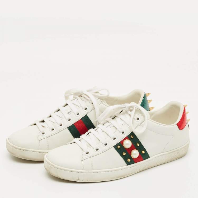 Pre Owned Gucci White Leather Pearl Embellished Ace Sneakers Size 37