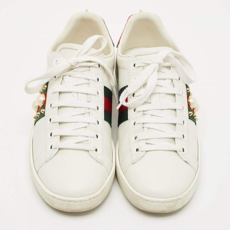 Pre Owned Gucci White Leather Pearl Embellished Ace Sneakers Size 37