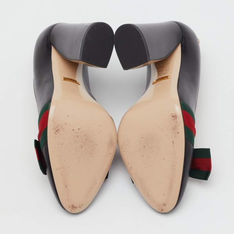 Pre Owned Gucci Black Leather Aline Web Bow Block Heel Pumps Size 38