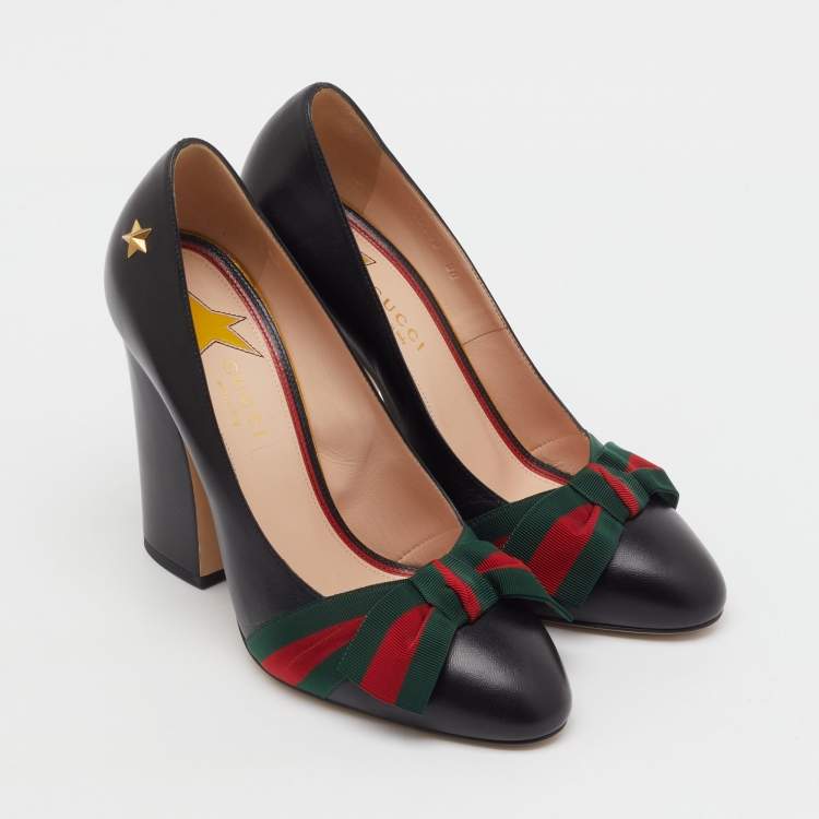 Pre Owned Gucci Black Leather Aline Web Bow Block Heel Pumps Size 38