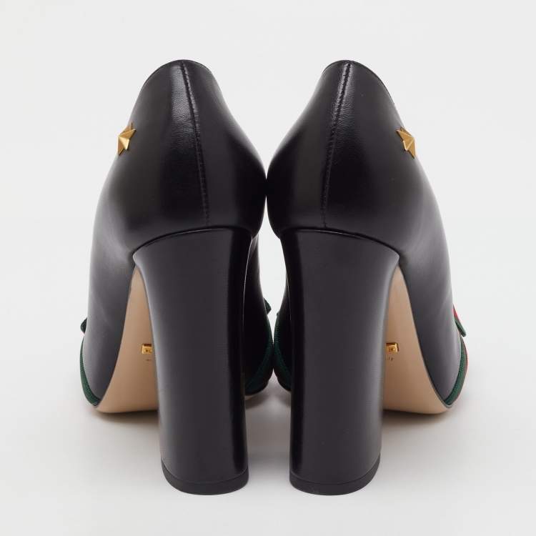 Pre Owned Gucci Black Leather Aline Web Bow Block Heel Pumps Size 38