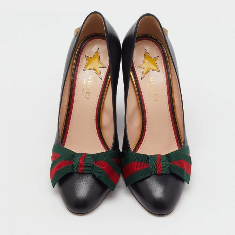Pre Owned Gucci Black Leather Aline Web Bow Block Heel Pumps Size 38