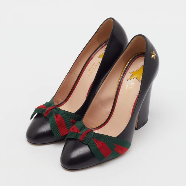 Pre Owned Gucci Black Leather Aline Web Bow Block Heel Pumps Size 38