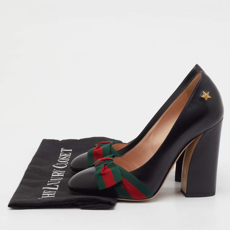 Pre Owned Gucci Black Leather Aline Web Bow Block Heel Pumps Size 38