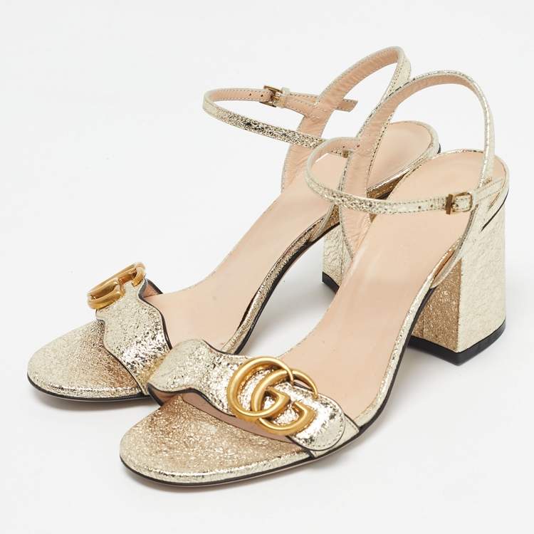 Pre Owned Gucci Metallic Gold Leather GG Marmont Ankle Strap Block Heel Sandals Size 36