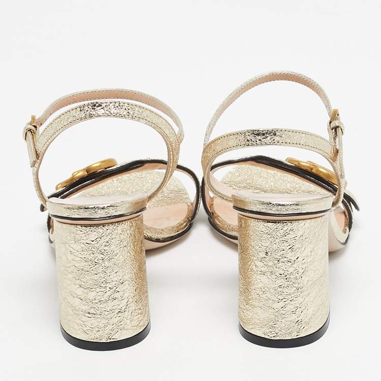 Pre Owned Gucci Metallic Gold Leather GG Marmont Ankle Strap Block Heel Sandals Size 36