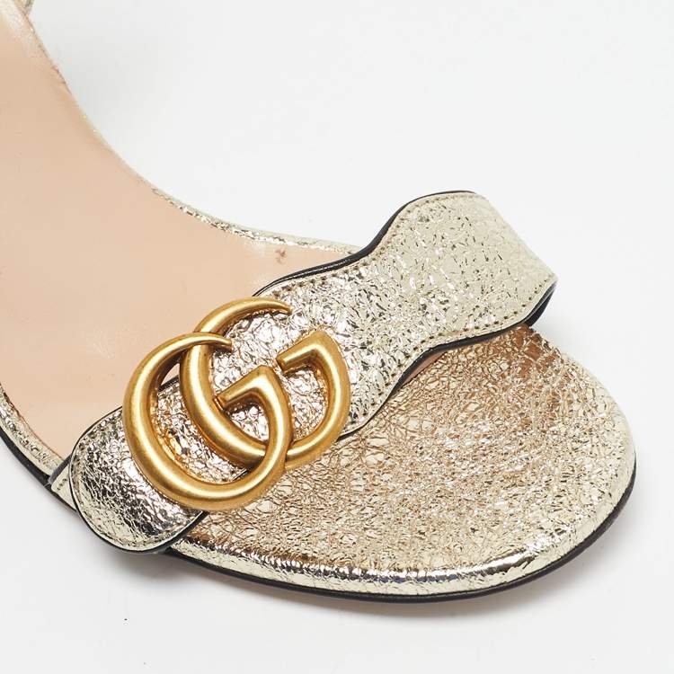 Pre Owned Gucci Metallic Gold Leather GG Marmont Ankle Strap Block Heel Sandals Size 36