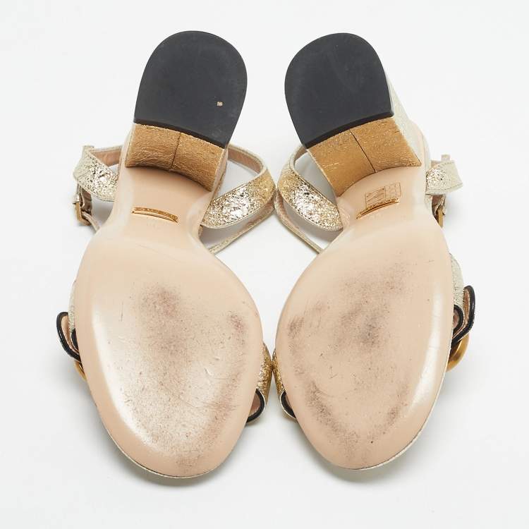 Pre Owned Gucci Metallic Gold Leather GG Marmont Ankle Strap Block Heel Sandals Size 36