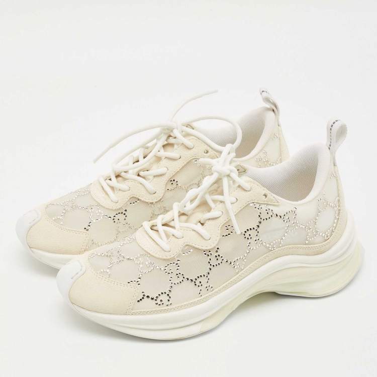 Pre Owned Gucci Cream Mesh and Suede Crystal Embellished Run Sneakers Size 36.5