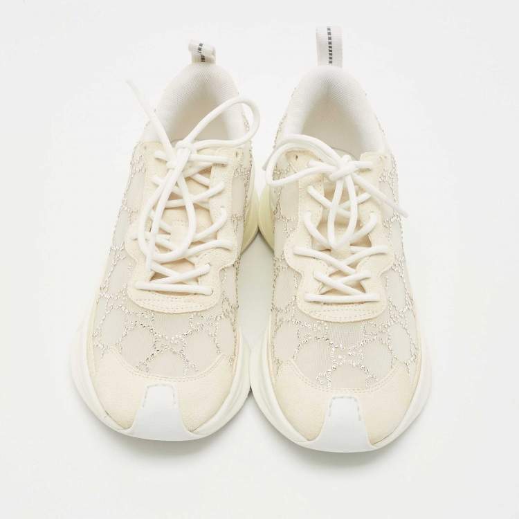 Pre Owned Gucci Cream Mesh and Suede Crystal Embellished Run Sneakers Size 36.5