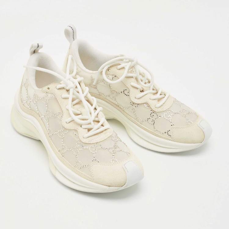 Pre Owned Gucci Cream Mesh and Suede Crystal Embellished Run Sneakers Size 36.5