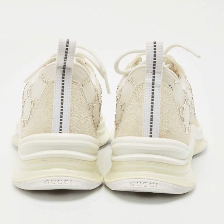 Pre Owned Gucci Cream Mesh and Suede Crystal Embellished Run Sneakers Size 36.5