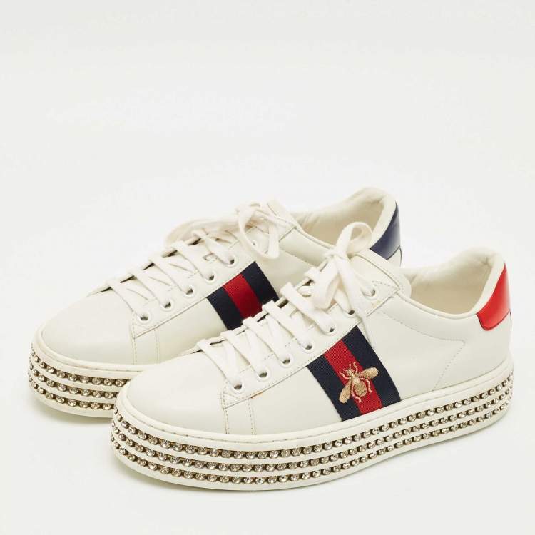 Pre Owned Gucci White Leather Embroidered Bee Crystal Embellished Platform New Ace Sneakers Size 38