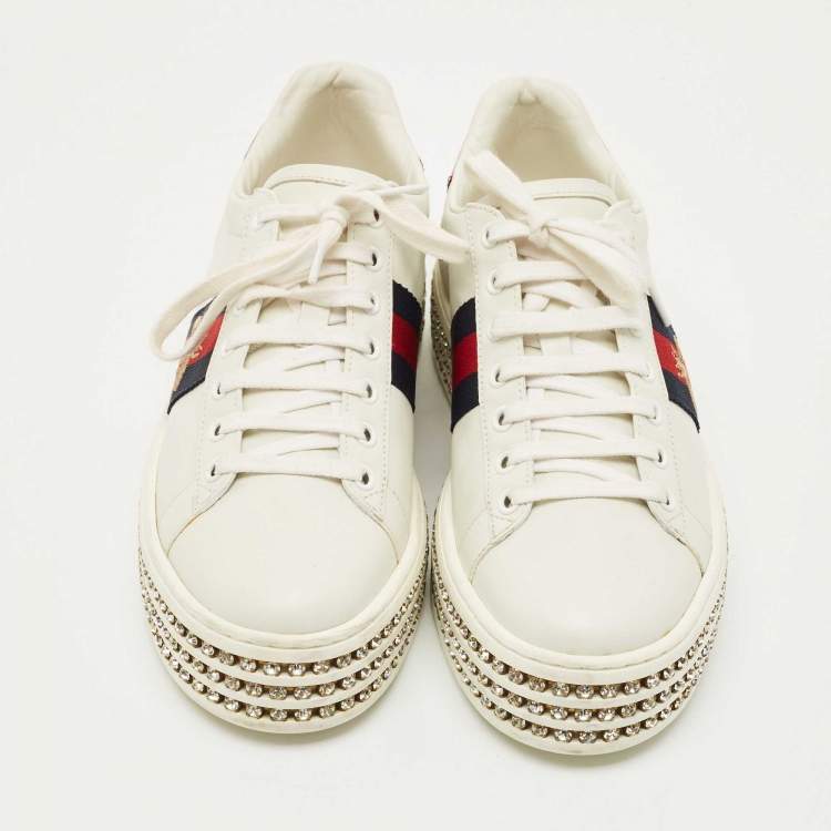 Pre Owned Gucci White Leather Embroidered Bee Crystal Embellished Platform New Ace Sneakers Size 38