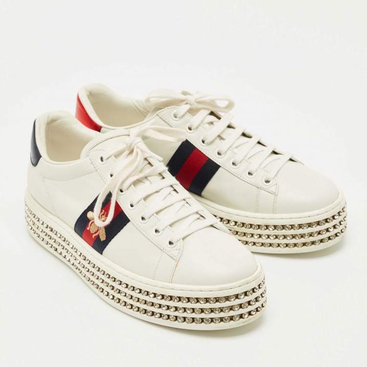 Pre Owned Gucci White Leather Embroidered Bee Crystal Embellished Platform New Ace Sneakers Size 38