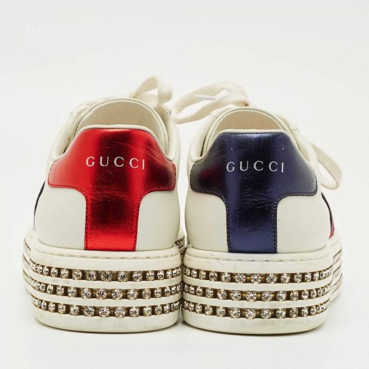 Pre Owned Gucci White Leather Embroidered Bee Crystal Embellished Platform New Ace Sneakers Size 38