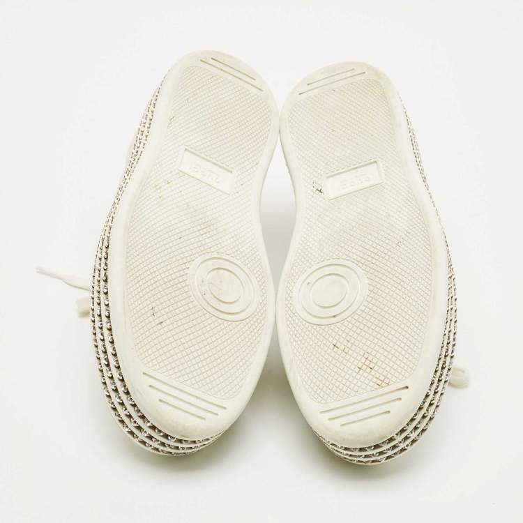 Pre Owned Gucci White Leather Embroidered Bee Crystal Embellished Platform New Ace Sneakers Size 38