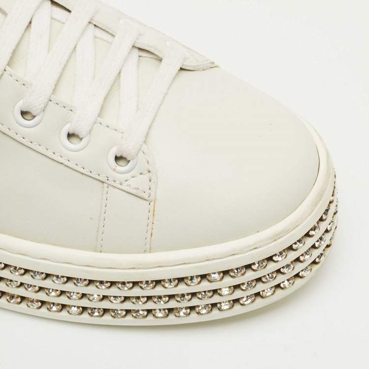 Pre Owned Gucci White Leather Embroidered Bee Crystal Embellished Platform New Ace Sneakers Size 38
