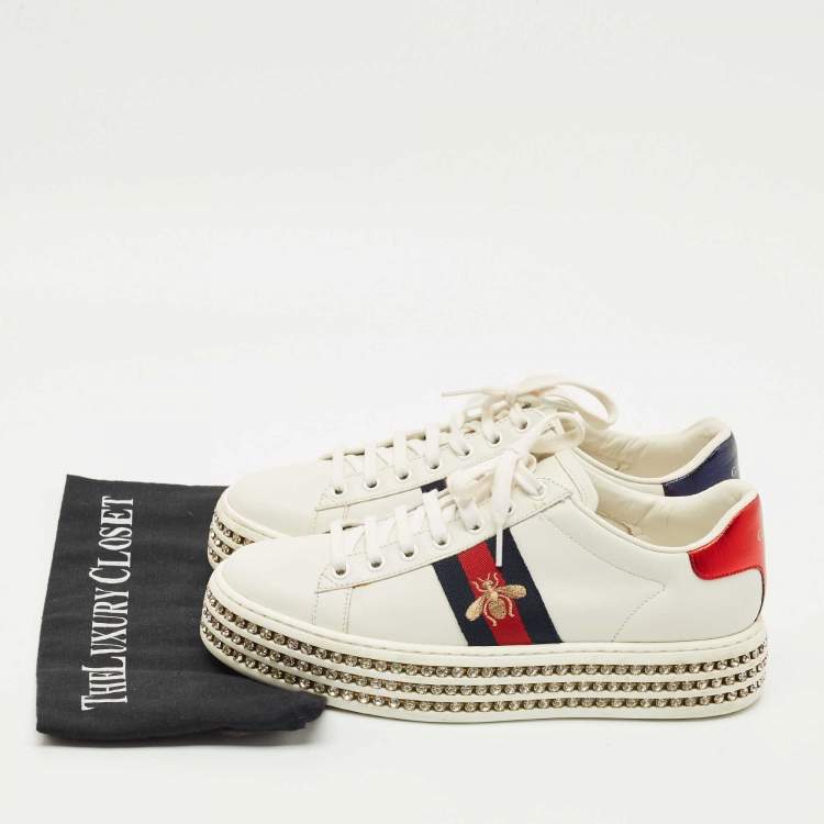 Pre Owned Gucci White Leather Embroidered Bee Crystal Embellished Platform New Ace Sneakers Size 38