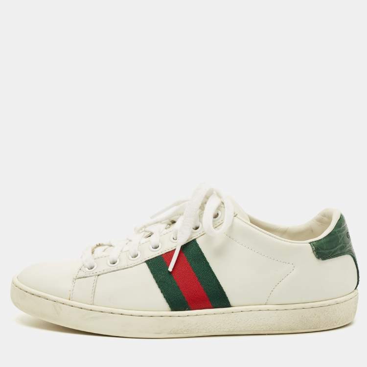 مملوكة مسبقًا Gucci White Crocodile and Leather Ace Lace Up Sneakers Size 37