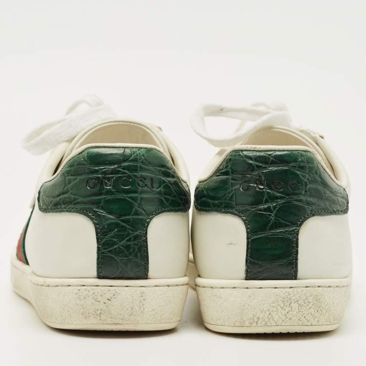 مملوكة مسبقًا Gucci White Crocodile and Leather Ace Lace Up Sneakers Size 37