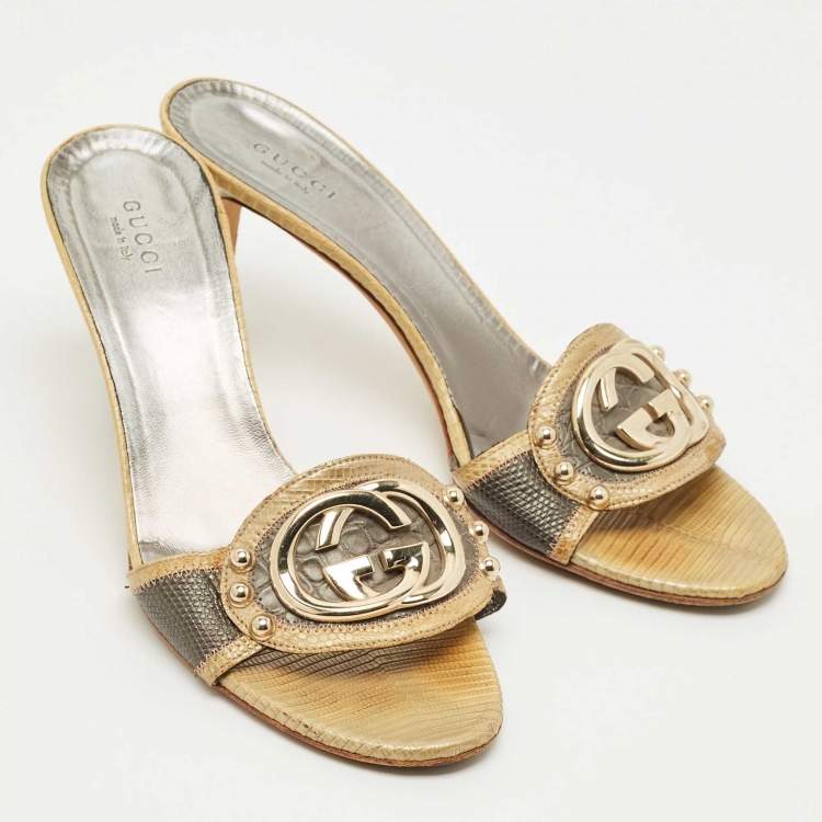 Pre Owned Gucci Grey/Olive Green Croc Embossed  and Lizard Embossed Interlocking G Slide Sandals Size 37.5