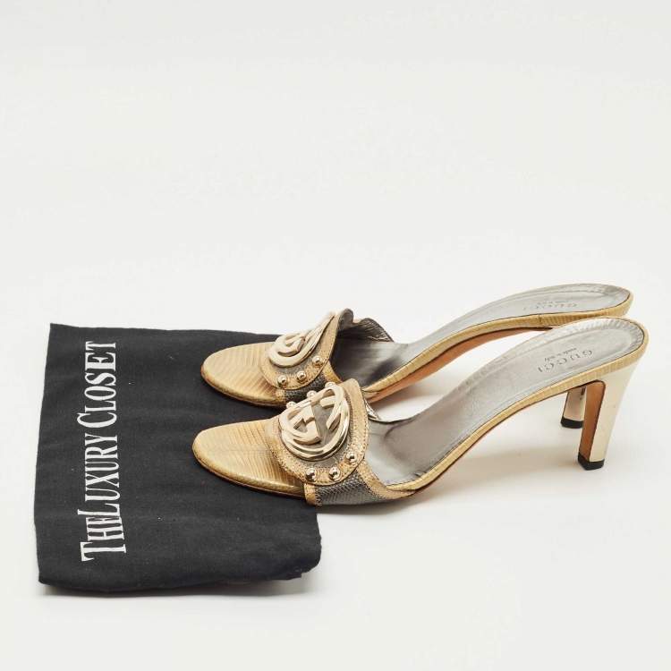 Pre Owned Gucci Grey/Olive Green Croc Embossed  and Lizard Embossed Interlocking G Slide Sandals Size 37.5