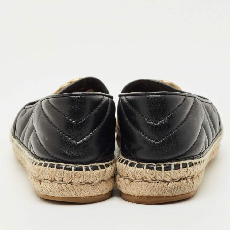Pre Owned Gucci Black Leather GG Marmont Espadrille Flats Size 37.5