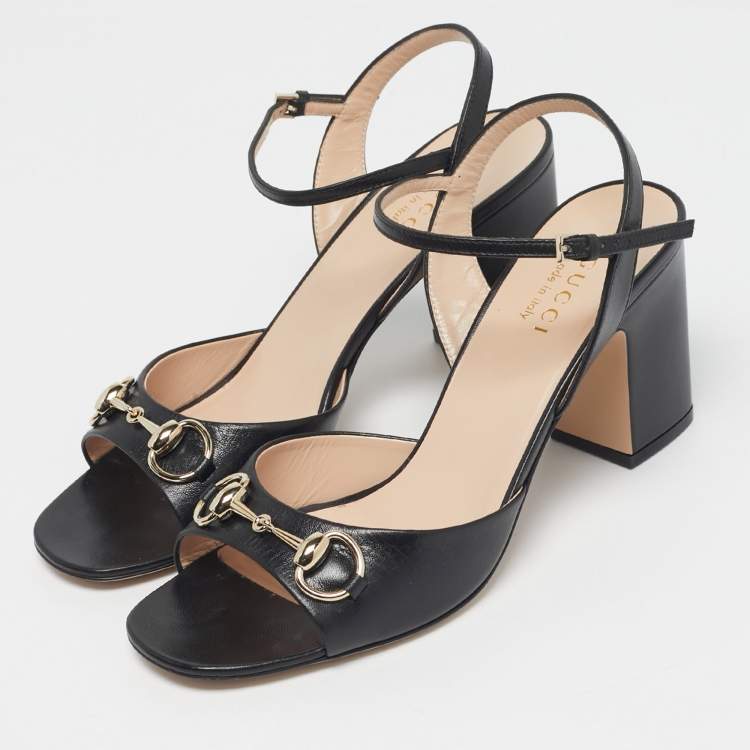 Pre Owned Gucci Black Leather Horsebit Ankle Strap Sandals Size 39