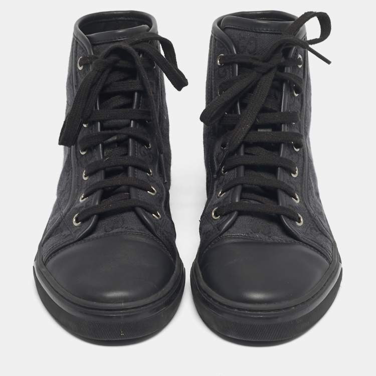 Pre Owned Gucci Black GG Canvas and Leather Brooklyn High Top Sneakers Size 39