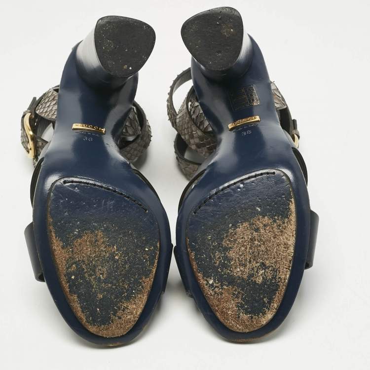 Pre Owned Gucci Navy Blue/Grey Leather and Snakeskin Ankle Strap Sandals Size 38