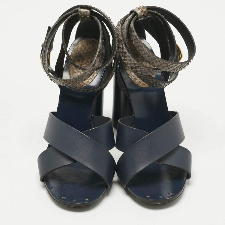 Pre Owned Gucci Navy Blue/Grey Leather and Snakeskin Ankle Strap Sandals Size 38