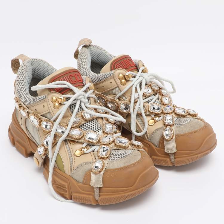 Pre Owned Gucci Beige Leather, Suede and Mesh Flashtrek Chunky Sneakers Size 39