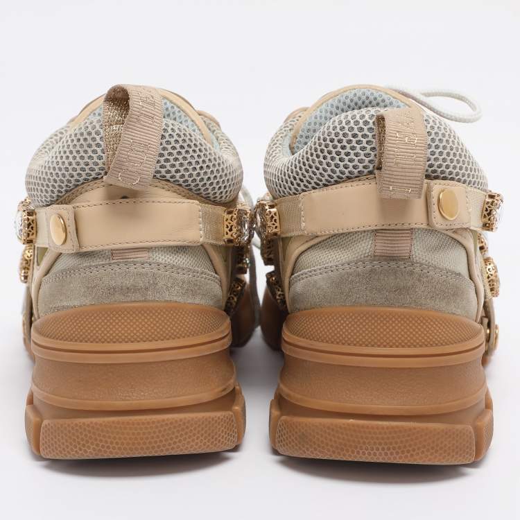 Pre Owned Gucci Beige Leather, Suede and Mesh Flashtrek Chunky Sneakers Size 39