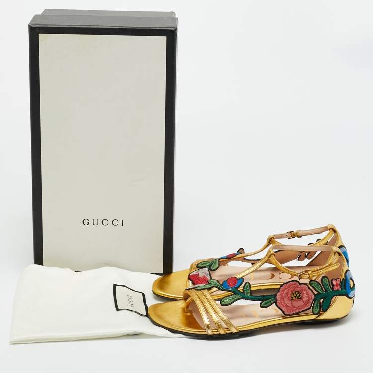 Pre Owned Gucci Gold Leather Ophelia Floral Embroidered Flat Sandals Size 34.5
