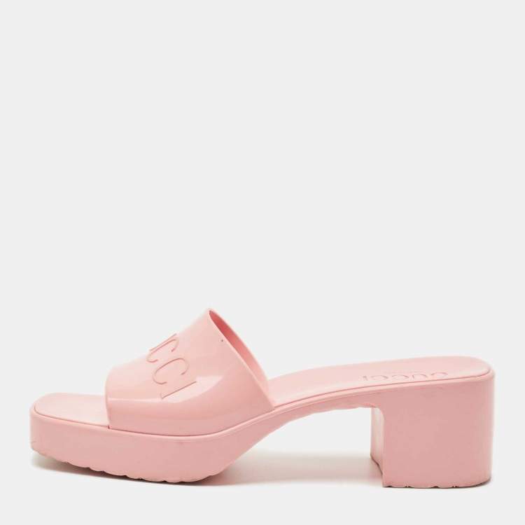 Pre Owned Gucci Pink Rubber Embossed Logo Block Heel Slide Sandals Size 37