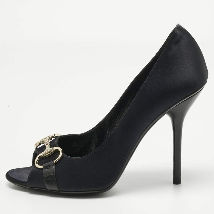 Pre Owned Gucci Black Satin Horsebit Peep Toe Pumps Size 39