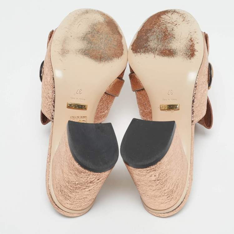 Pre Owned Gucci Metallic Leather GG Marmont Fringe Details Open Toe Sandals Size 37