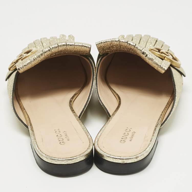 مملوكة مسبقًا Gucci Gold Texture Leather GG Marmont Fringe  Mules Size 38