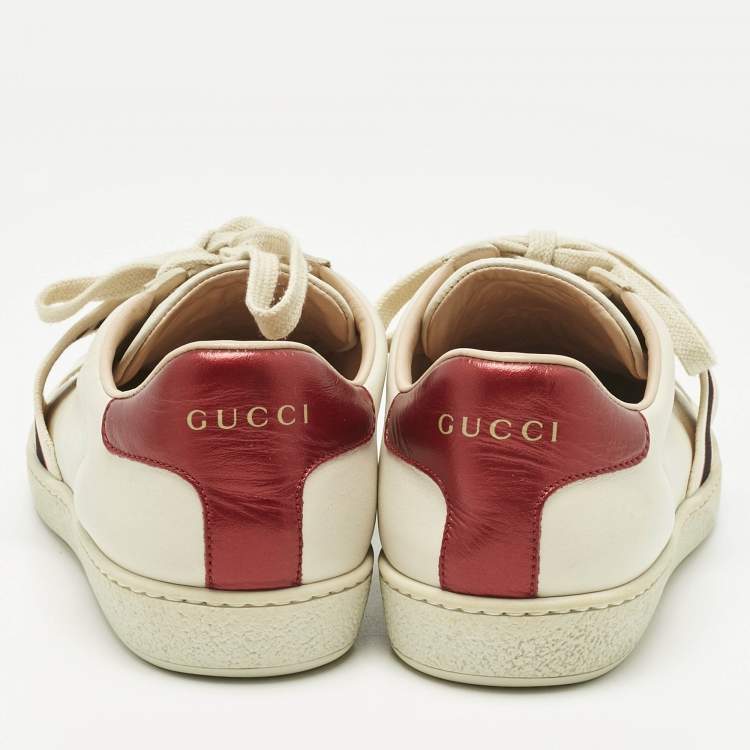 Pre Owned Gucci Cream/Red Leather Ace Stripe Low Top Sneakers Size 37