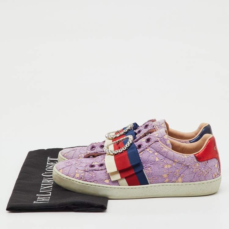 Pre Owned Gucci Purple Lace Crystal Sylvie Web Flower Leaf Ace Slip On Sneakers Size 35.5