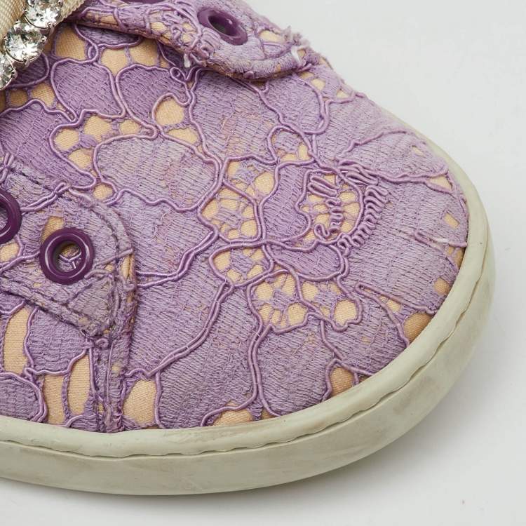 Pre Owned Gucci Purple Lace Crystal Sylvie Web Flower Leaf Ace Slip On Sneakers Size 35.5